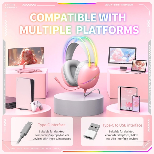 [Pink Girl] Casque de jeu avec fil rose | Effets lumineux RVB doux | Casque à isolation sonore en mousse à mémoire ultradouce | Microphone