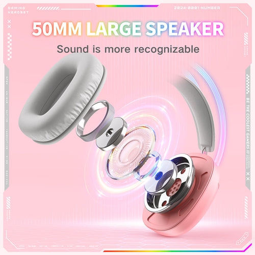 [Pink Girl] Casque de jeu avec fil rose | Effets lumineux RVB doux | Casque à isolation sonore en mousse à mémoire ultradouce | Microphone