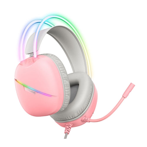 [Pink Girl] Casque de jeu avec fil rose | Effets lumineux RVB doux | Casque à isolation sonore en mousse à mémoire ultradouce | Microphone
