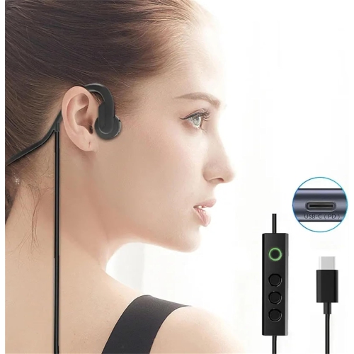 Wired Bone Conduction Earphones, HD Digital Calling, Compatible with Computer, Phone and Tablet - Black - Type-C Port, Built-in Microphone - With