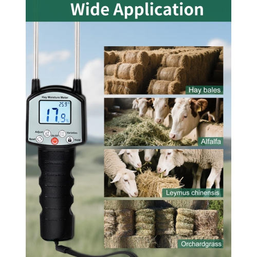 Hay Moisture Tester, Portable Hay Moisture Meter with Dual Probes, Digital Display, Suitable for Alfalfa, Forage, Orchard Grass, Bale