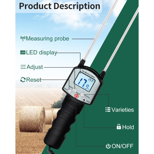 Hay Moisture Tester, Portable Hay Moisture Meter with Dual Probes, Digital Display, Suitable for Alfalfa, Forage, Orchard Grass, Bale