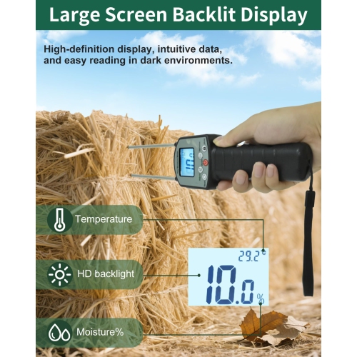 Hay Moisture Tester, Portable Hay Moisture Meter with Dual Probes, Digital Display, Suitable for Alfalfa, Forage, Orchard Grass, Bale