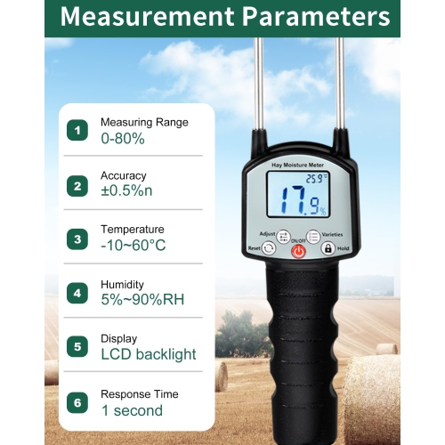 Hay Moisture Tester, Portable Hay Moisture Meter with Dual Probes, Digital Display, Suitable for Alfalfa, Forage, Orchard Grass, Bale