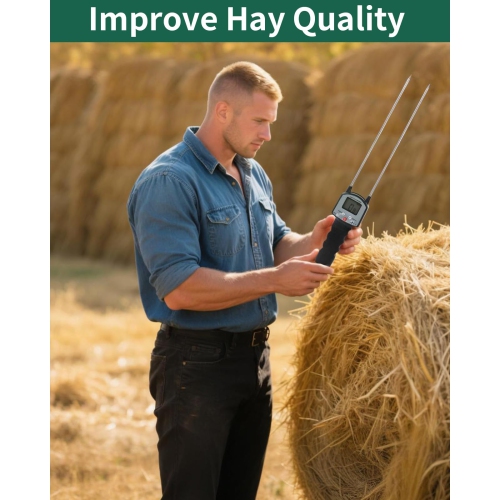 Hay Moisture Tester, Portable Hay Moisture Meter with Dual Probes, Digital Display, Suitable for Alfalfa, Forage, Orchard Grass, Bale