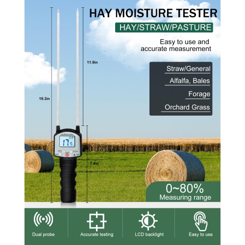 Hay Moisture Tester, Portable Hay Moisture Meter with Dual Probes, Digital Display, Suitable for Alfalfa, Forage, Orchard Grass, Bale