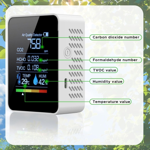 Moniteur de qualité de l'air intérieur, Moniteur de CO2 intelligent portatif 5 en 1 pour mesurer le CO2 | TVOC | HCHO | Température | Humidité
