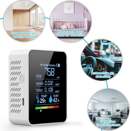 Moniteur de qualité de l'air intérieur, Moniteur de CO2 intelligent portatif 5 en 1 pour mesurer le CO2 | TVOC | HCHO | Température | Humidité