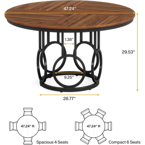 Tribesigns 47-Inch Round Dining Table, Wood Kitchen Table with Sturdy Metal Base for 4-6 People, Large Circle Dinner Table