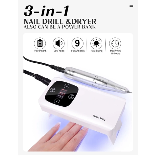 Perceuse à ongles portative 2 en 1 et lampe à ongles, meuleuse à ongles électrique 45 000 tr/min avec sable de perçage, amovible et