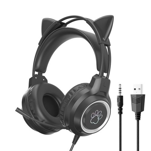 [Black] Gaming Cat Ear Headphones | Surround Sound | Floating Headband | Long-lasting Battery Life | RGB Dynamic Breathing Light | Compatible with