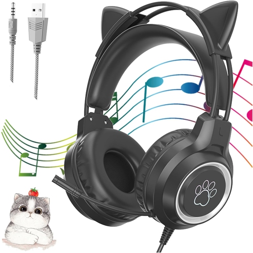 [Black] Gaming Cat Ear Headphones | Surround Sound | Floating Headband | Long-lasting Battery Life | RGB Dynamic Breathing Light | Compatible with