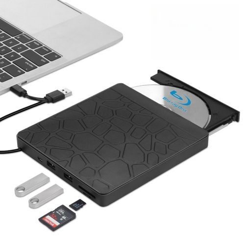 Graveur Blu-ray externe, USB 3.0+Type-C universel de bureau BD/DVD/CD graveur de cartes 5-en-1, lecteur optique multifonction - Noir