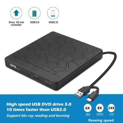Graveur Blu-ray externe, USB 3.0+Type-C universel de bureau BD/DVD/CD graveur de cartes 5-en-1, lecteur optique multifonction - Noir