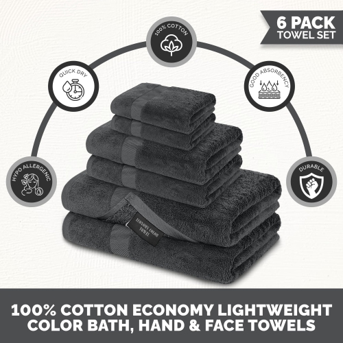 Canadian Linen Economy Bathroom Towel Set, 6 Pack: 2 Bath Towels 2 Hand Towels 2 Washcloths, 100% Cotton Soft Absorbent Light Weight Multipurpose