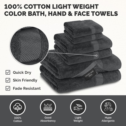 Canadian Linen Economy Bathroom Towel Set, 6 Pack: 2 Bath Towels 2 Hand Towels 2 Washcloths, 100% Cotton Soft Absorbent Light Weight Multipurpose