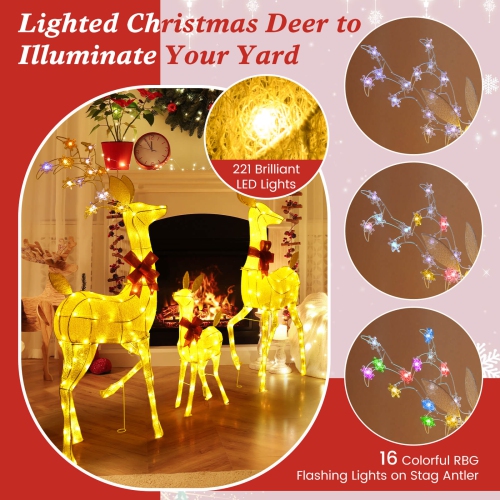 Gymax 3 PCS Lighted Family Deer Set w/ LED Lights RGB Flashing Lights 12 Ground Stakes