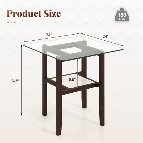 Gymax 24'' Square Glass Side Table w/Storage Shelf & Rubber Wood Frame for Living Room