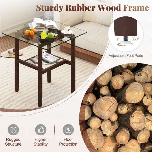 Gymax 24'' Square Glass Side Table w/Storage Shelf & Rubber Wood Frame for Living Room