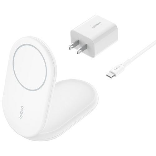 Belkin 15W Qi2 Wireless Charging Stand with MagSafe for iPhone & Apple AirPods - White