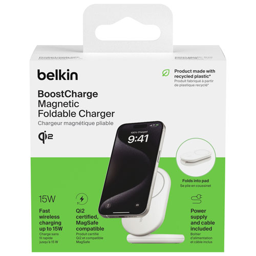 Belkin 15W Qi2 Wireless Charging Stand with MagSafe for iPhone & Apple AirPods - White