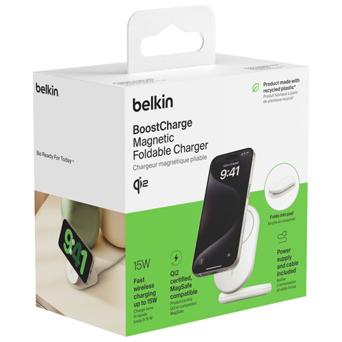 Belkin 15W Qi2 Wireless Charging Stand with MagSafe for iPhone & Apple AirPods - White