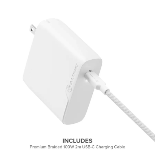 Alogic Wall Charger 1 Port 100W GaN PD USB-C with 6ft USB-C to USB-C Cable Foldable Prongs Rapid Power - White