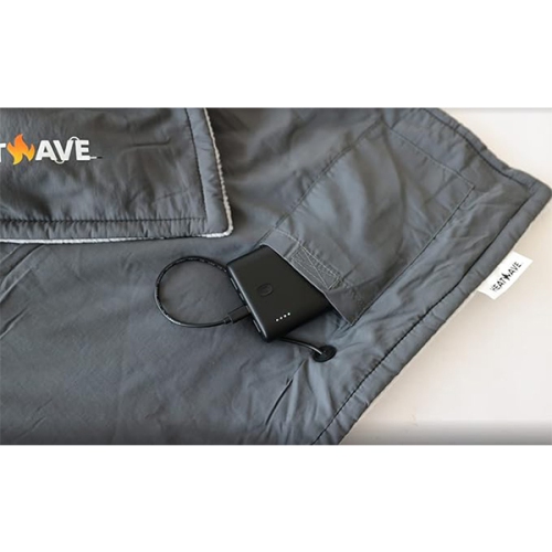Black Battery Powered Heated Rechargeable Blanket by My Heat Wave - Portable Outdoor Cordless Blanket with USB Charging - 3 Heating Levels