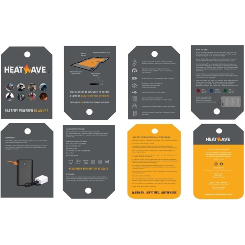 Black Battery Powered Heated Rechargeable Blanket by My Heat Wave - Portable Outdoor Cordless Blanket with USB Charging - 3 Heating Levels