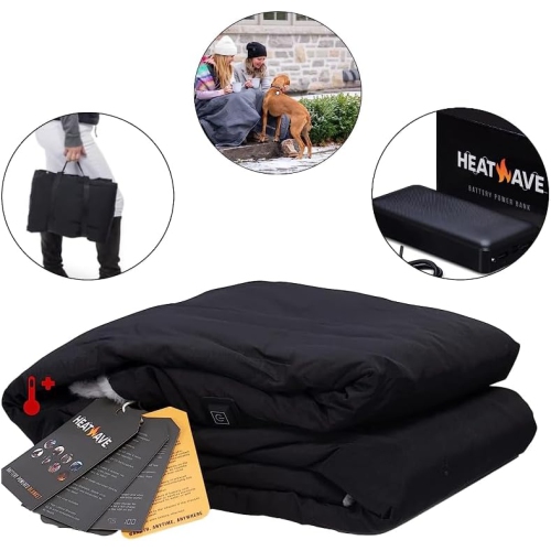 Black Battery Powered Heated Rechargeable Blanket by My Heat Wave - Portable Outdoor Cordless Blanket with USB Charging - 3 Heating Levels