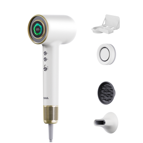 MERA Smart Auto Start/Stop Aromatherapy Bi-Ionic Self Clean Hair & Hand Dryer MHDU01 GOLD WHITE, 1400w w/ LED display, 65dB, Safe Mode, Diffuser,