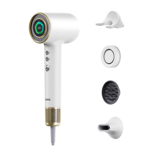 MERA Auto Start/Stop Aromatherapy Bi-Ionic Self Cleaning Hair Dryer MHDP01 GOLD WHITE, 1400w with LED display, 65 dB, Safe Mode, Diffuser, Aroma
