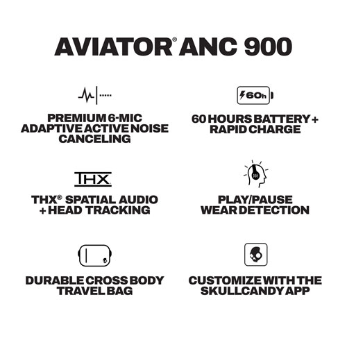 Casque d'écoute Bluetooth à suppression du bruit Aviator 900 ANC de Skullcandy - Noir