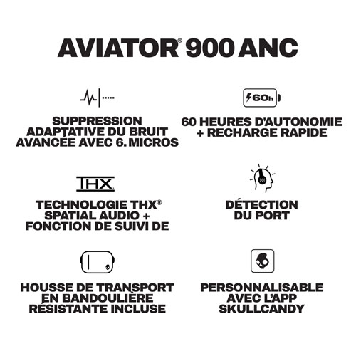 Casque d'écoute Bluetooth à suppression du bruit Aviator 900 ANC de Skullcandy - Noir