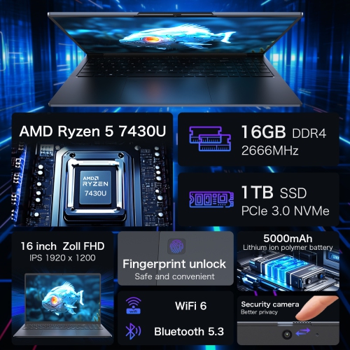 Auusda T160R 16" Laptop | AMD Ryzen 5 7430U | 16GB RAM 1TB SSD | 1920×1200 IPS | Dual-Band Wi-Fi 6 | Privacy Camera | USB-C & HDMI | For Work, Study