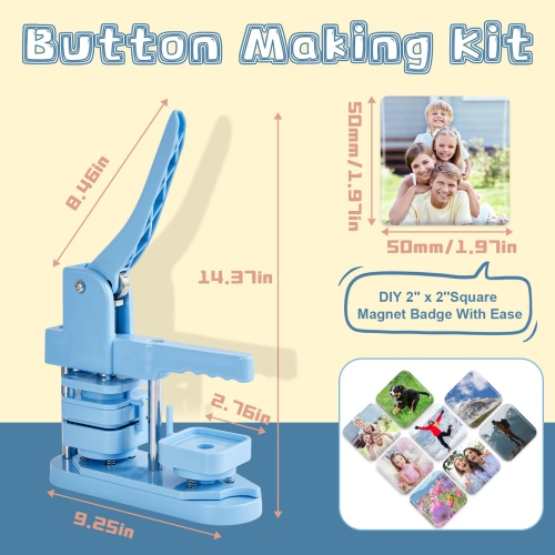 Photo Magnet Making Machine, Button Press Machine for 2 Inches / 50mm Square Fridge Magnetic Stickers, 100 Sets of Button Maker Supplies