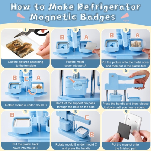 Photo Magnet Making Machine, Button Press Machine for 2 Inches / 50mm Square Fridge Magnetic Stickers, 100 Sets of Button Maker Supplies