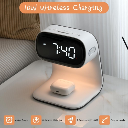 Digital Alarm Clock with Wireless Fast Charging Station Touch Smart Lamp for Bedside,3 Color Dimmable Night Light for Living Room Bedside Heavy