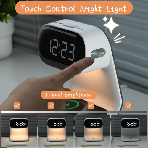 Digital Alarm Clock with Wireless Fast Charging Station Touch Smart Lamp for Bedside,3 Color Dimmable Night Light for Living Room Bedside Heavy