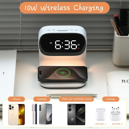 Digital Alarm Clock with Wireless Fast Charging Station Touch Smart Lamp for Bedside,3 Color Dimmable Night Light for Living Room Bedside Heavy