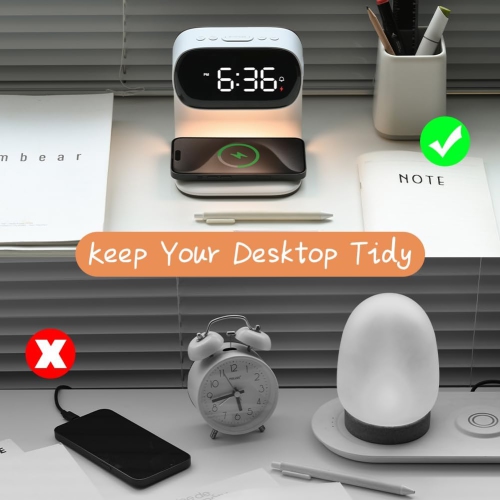Digital Alarm Clock with Wireless Fast Charging Station Touch Smart Lamp for Bedside,3 Color Dimmable Night Light for Living Room Bedside Heavy