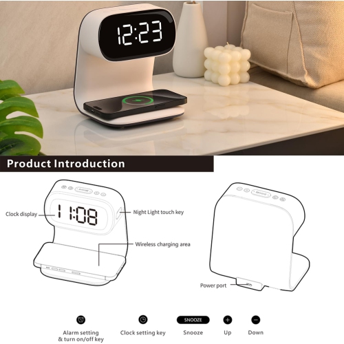 Digital Alarm Clock with Wireless Fast Charging Station Touch Smart Lamp for Bedside,3 Color Dimmable Night Light for Living Room Bedside Heavy