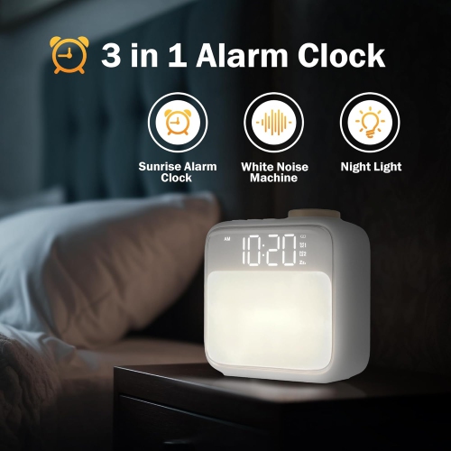 Sunrise Alarm Clocks for Bedroom,Digital Clock with Sound Machine Night Light,Rechargeable Alarm Clock for Kids Heavy Sleepers Teens Living Room