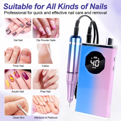 40,000 RPM Electric Nail Drill File, Portable Cordless Electric Nail File Set for Removing Nail Polish Acrylic Gel