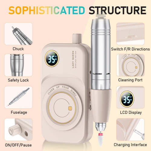 Portable Nail Drill Electric File, 35,000 RPM Rechargeable Nail File Machine for Acrylic Nail Gel Polish Removal