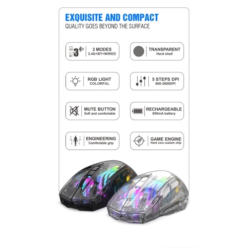 Souris de jeu sans fil rechargeable Bluetooth 2,4 GHz trimode RVB BM530 avec clic silencieux et câble de recharge USB - Souris blanche à trois modes