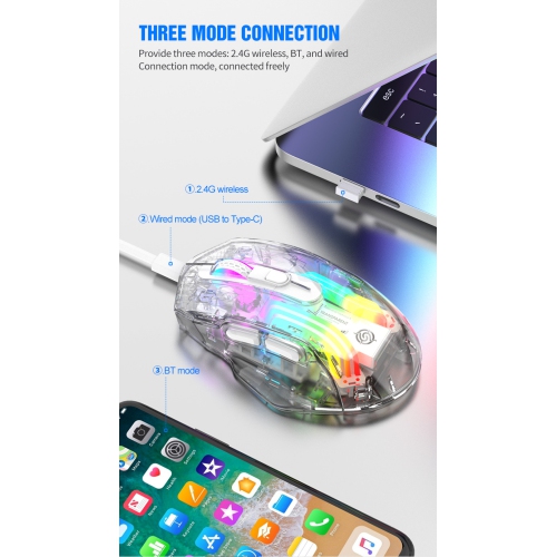 Souris de jeu sans fil rechargeable Bluetooth 2,4 GHz trimode RVB BM530 avec clic silencieux et câble de recharge USB - Souris blanche à trois modes