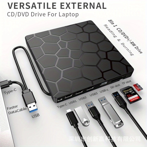 Lecteur optique externe Graveur DVD 7-en-1, interface multifonction USB 3.0, peut être connecté à une clé USB externe pour l'expansion - graveur