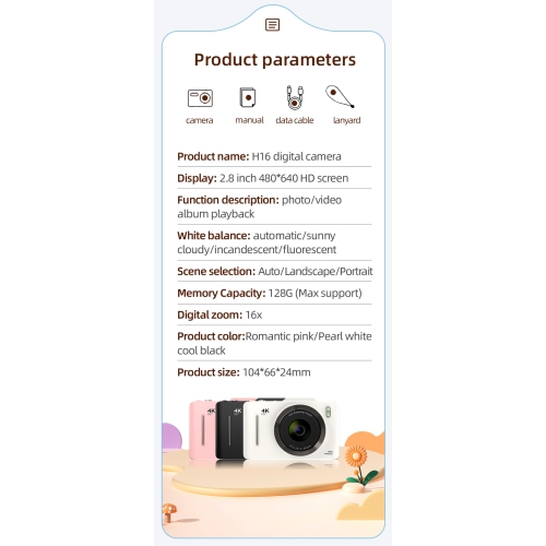 Nouvel appareil photo numérique H16 CCD caméra étudiante 4K SLR écran HD 2,8 pouces - rose H16 + carte mémoire 68G + adaptateur Android Huawei +