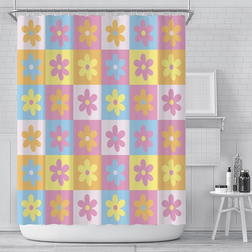 PANDACO Checkered Daisy Fabric Shower Curtain (72" x 72")